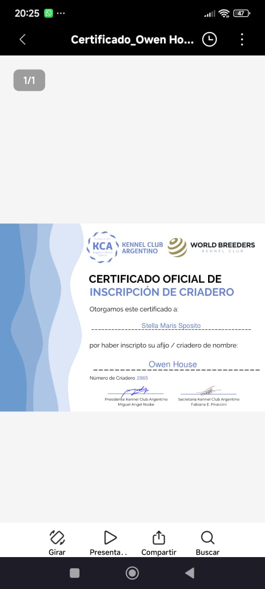 Certificado Oficial de Inscripción de Criadero — Owen House KCA #2865